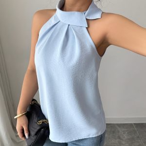 女士無袖不對稱領純色襯衫 輕質聚酯纖維春夏秋季上衣 | 適合工作、休閒及正式場合，女士襯衫