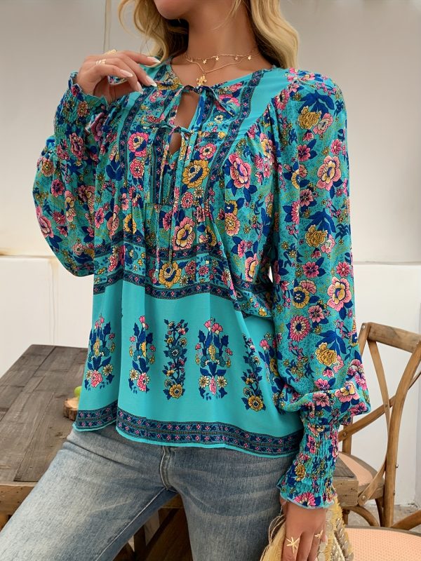 zaful 女士波西米亞風印花襯衫 寬鬆v領繫帶長袖上衣，可調節抽繩袖口，輕便機洗面料，適合春夏秋季休閒度假穿搭，可愛長袖上衣