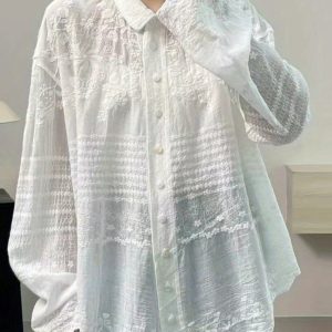 女士鏤空提花寬鬆翻領長袖紐扣襯衫休閒街頭風