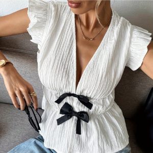 女士時尚襯衫 優雅深v領設計，腰部蝴蝶結點綴，不透視面料適合海灘、派對、辦公室 可機洗女裝，派對服飾，不透明材質，休閒穿搭，夏季透氣上衣，潮流開衫，夏日衣櫥必備