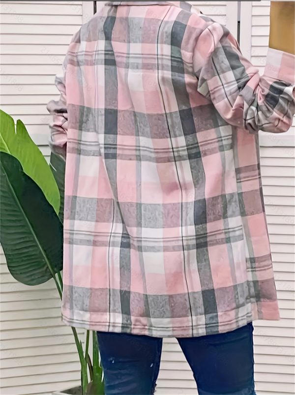 女士休閒格子印花長袖紐扣襯衫 舒適的春/夏季襯衫，帶翻領，透氣聚酯纖維面料，非常適合休閒裝