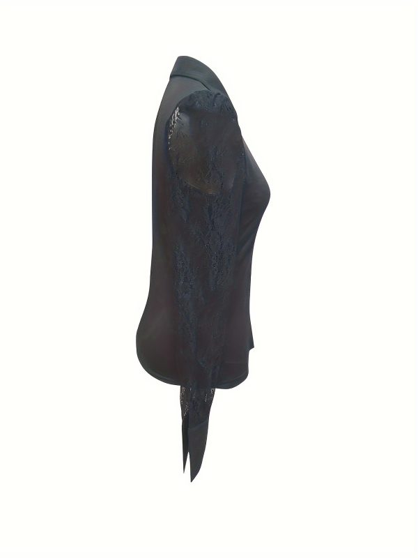 女士蕾絲拼接襯衫上衣，春夏休閒長袖襯衫，復古鑽孔紐扣襯衫