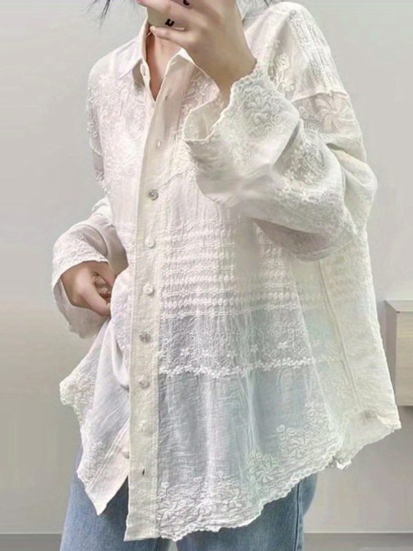女士鏤空提花寬鬆翻領長袖紐扣襯衫休閒街頭風