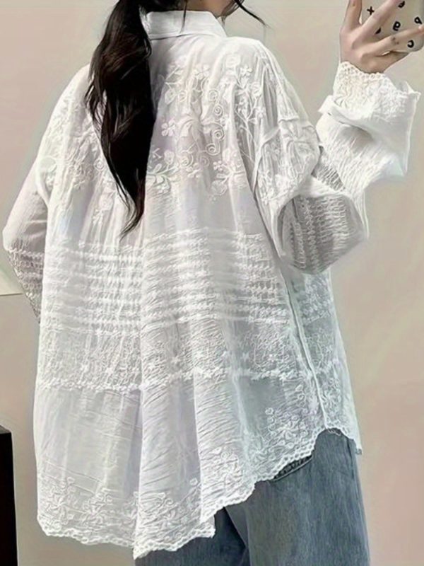 女士鏤空提花寬鬆翻領長袖紐扣襯衫休閒街頭風