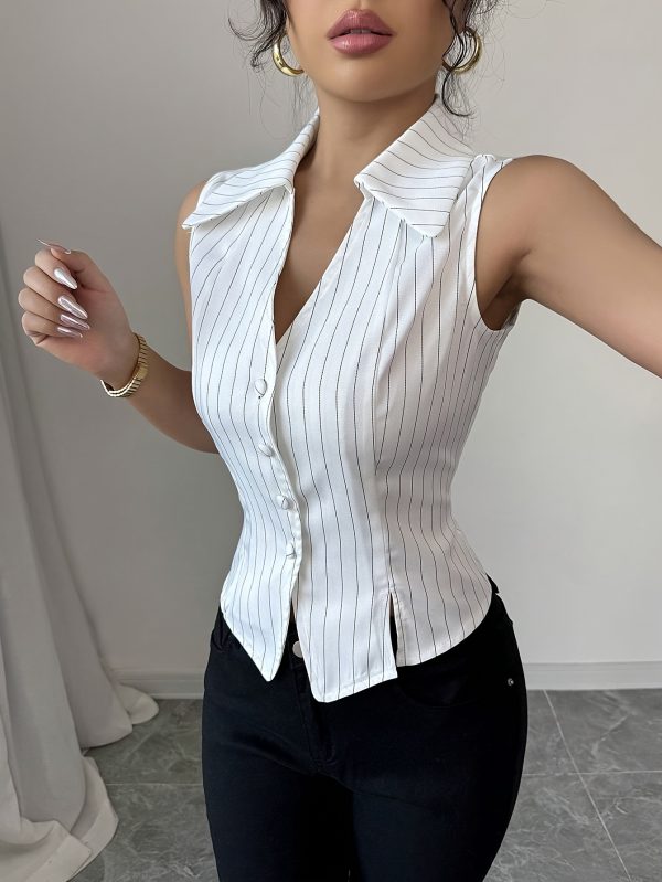 女士法式風格無袖條紋襯衫 優雅v領設計搭配鈕釦細節及開叉下襬，可機洗耐用面料，適合從休閒到正式場合穿著 春夏秋季必備單品，中東風格結構性上衣