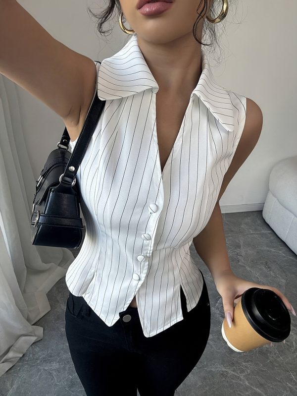 女士法式風格無袖條紋襯衫 優雅v領設計搭配鈕釦細節及開叉下襬，可機洗耐用面料，適合從休閒到正式場合穿著 春夏秋季必備單品，中東風格結構性上衣