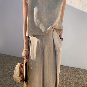 2 件女式休閒純色無袖上衣和褲子