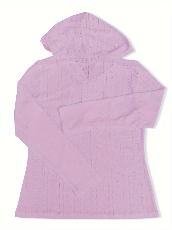 1件女款休閒運動套頭衫 聚酯針織面料，帶刺繡孔眼細節，連帽領口，扭扣設計，寬鬆長袖上衣，適合四季穿著