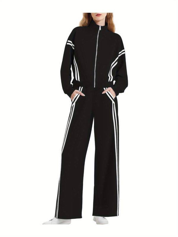 女士休閒服裝拉鍊套裝撞色條紋寬腿慢跑褲旅行運動衣