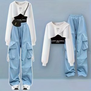 病毒 y2k 3 件套 | 截短連帽衫 + 卡車褲 + 女士背心 2024 美國街頭服