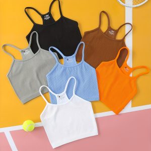 6件裝女士無縫羅紋細肩帶短款背心 無內襯，柔軟透氣彈力運動服，6種純色適合瑜伽、健身房、鍛鍊及日常穿著，簡約設計，彈性面料