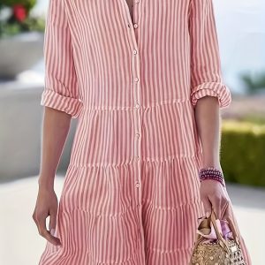 女士新款休閒連身裙，條紋長袖襯衫女士服裝，寬鬆襯衫領扣長裙