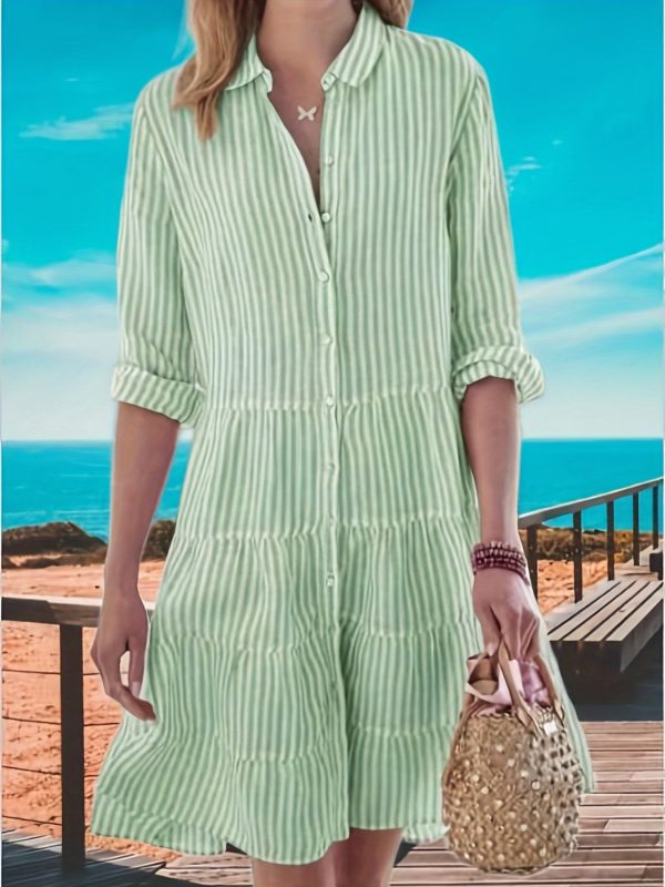 女士新款休閒連身裙，條紋長袖襯衫女士服裝，寬鬆襯衫領扣長裙