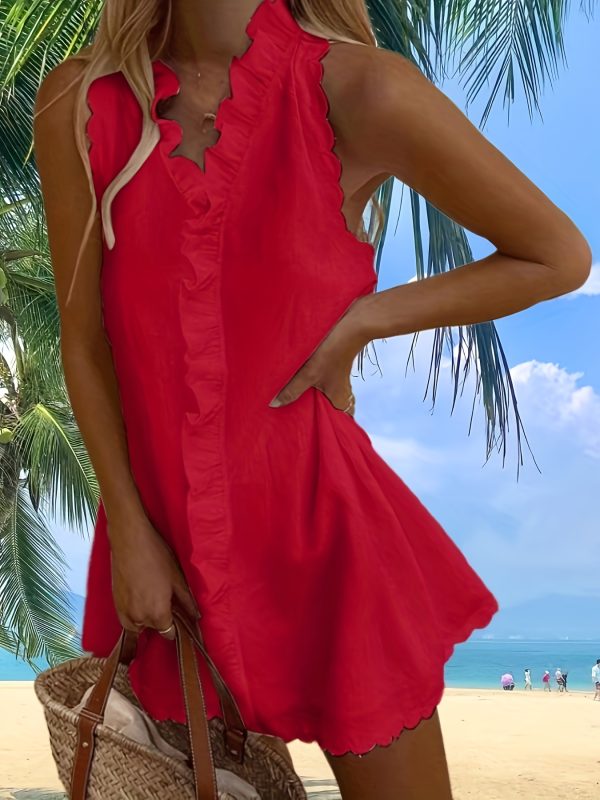 夏季女士v領連衣裙，花邊無袖裙，純色休閒背心裙