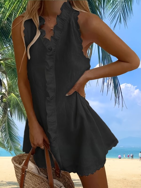 夏季女士v領連衣裙，花邊無袖裙，純色休閒背心裙