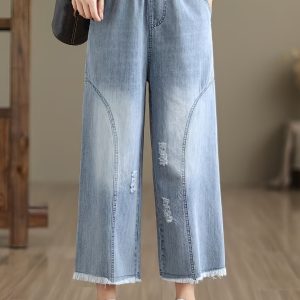 春夏寬鬆輕便牛仔褲 袖口，復古淺藍水洗牛仔褲女款