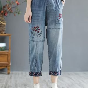 女士復古花卉輕薄7/8牛仔褲 彈力腰帶寬鬆版水洗藍色牛仔，春夏休閒外出居家褲