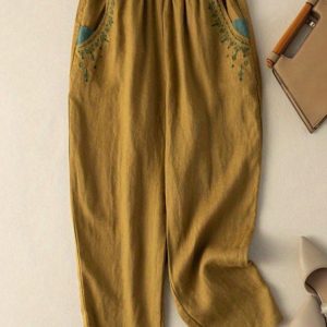 女士夏季休閒寬腿繡花短褲帶口袋