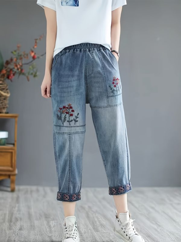 女士復古花卉輕薄7/8牛仔褲 彈力腰帶寬鬆版水洗藍色牛仔，春夏休閒外出居家褲