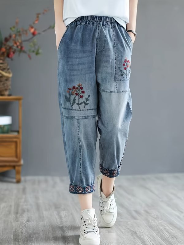 女士復古花卉輕薄7/8牛仔褲 彈力腰帶寬鬆版水洗藍色牛仔，春夏休閒外出居家褲