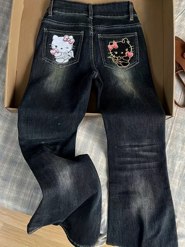 1件褲子【三麗鷗】hello kitty美式復古藍貓刺繡小眾牛仔女2025夏季街頭辣味微翻領潮流修身褲