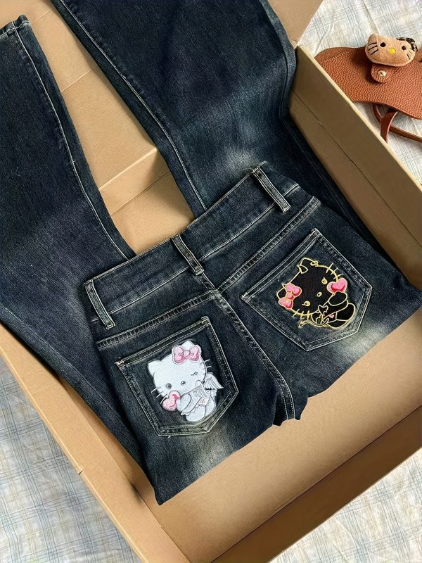 1件褲子【三麗鷗】hello kitty美式復古藍貓刺繡小眾牛仔女2025夏季街頭辣味微翻領潮流修身褲