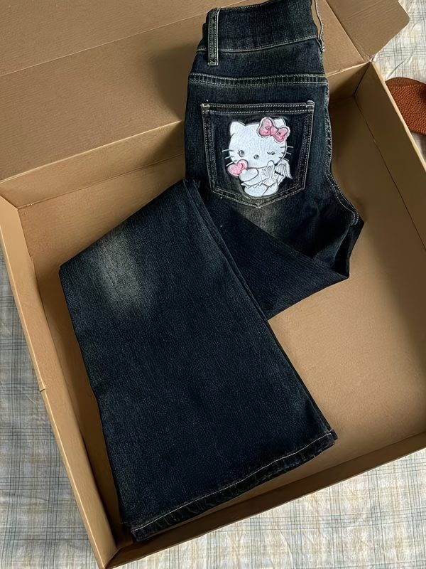 1件褲子【三麗鷗】hello kitty美式復古藍貓刺繡小眾牛仔女2025夏季街頭辣味微翻領潮流修身褲