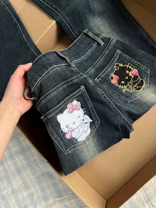 1件褲子【三麗鷗】hello kitty美式復古藍貓刺繡小眾牛仔女2025夏季街頭辣味微翻領潮流修身褲