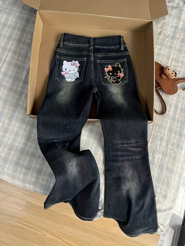 1件褲子【三麗鷗】hello kitty美式復古藍貓刺繡小眾牛仔女2025夏季街頭辣味微翻領潮流修身褲