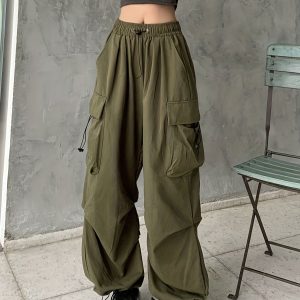 女士工裝褲 黑色鬆緊腰寬腿束腳休閒褲，非彈力大碼長褲適合日常與正式場合 zaful 女式褲子，女士長褲，舒適穿著