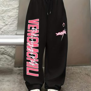 女士時尚黑色寬腿褲，粉紅色幾何「veronica」印花 優雅高腰抽繩設計，聚酯纖維和氨綸混紡，可機洗 時尚全季街頭服飾