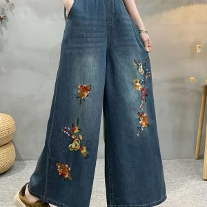 春夏季輕便花卉刺繡直筒牛仔褲，寬鬆版型，無彈性，寬腿，大口袋，女士寬鬆牛仔褲