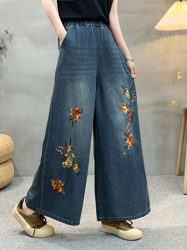 春夏季輕便花卉刺繡直筒牛仔褲，寬鬆版型，無彈性，寬腿，大口袋，女士寬鬆牛仔褲