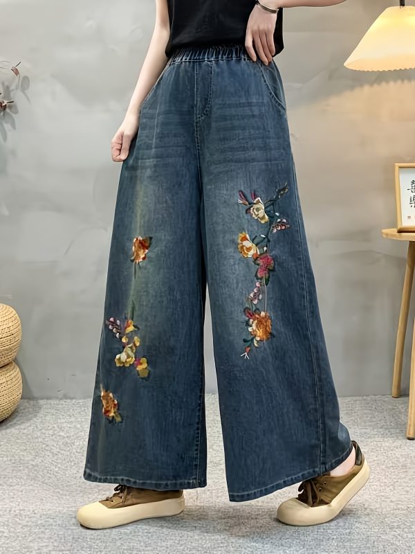 春夏季輕便花卉刺繡直筒牛仔褲，寬鬆版型，無彈性，寬腿，大口袋，女士寬鬆牛仔褲