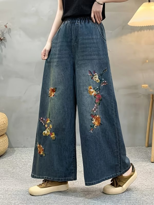 春夏季輕便花卉刺繡直筒牛仔褲，寬鬆版型，無彈性，寬腿，大口袋，女士寬鬆牛仔褲