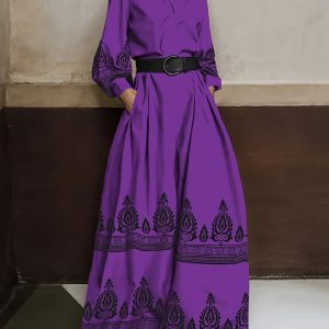 2024 年新款女裝長袖復古圖案寬腿連身褲，鈕扣褶皺口袋立領寬鬆連身褲