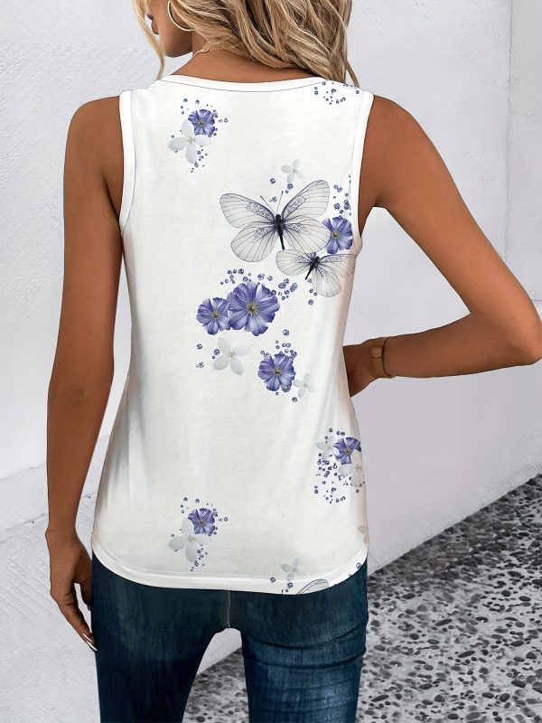 butterfly & floral print tank top, casual cross v neck sleeveless top for spring & summer, women's clothing