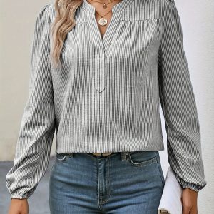 夏季新款時尚通勤女士純色v領條紋時尚百搭襯衫上衣
