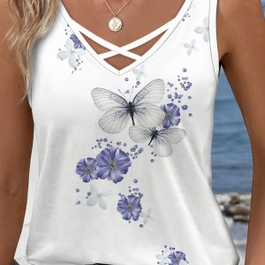 butterfly & floral print tank top, casual cross v neck sleeveless top for spring & summer, women's clothing