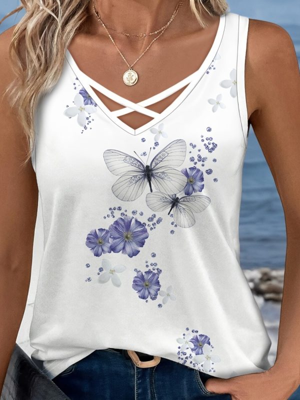 butterfly & floral print tank top, casual cross v neck sleeveless top for spring & summer, women's clothing