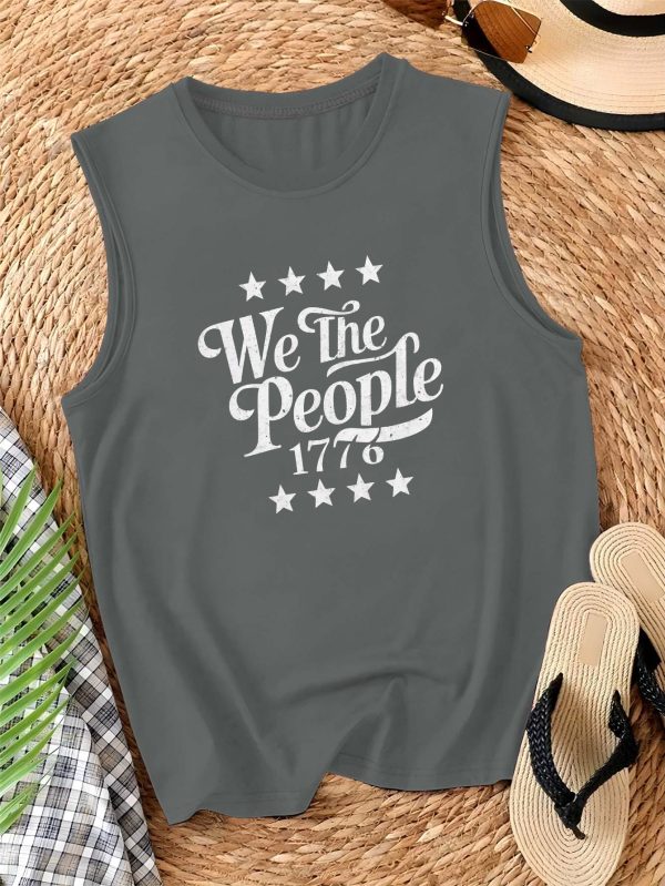 we the people 1776 女士愛國背心 無袖休閒背心，星條紋設計，深灰色聚酯混紡面料，非常適合獨立日或休閒裝、日常背心|幾何圖案背心 |針織質感，美國國旗衣服