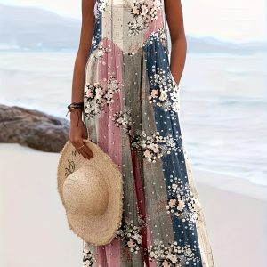 夏季度假印花露袖方領女士長褸