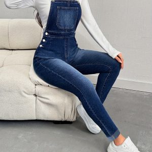 緊身工裝女式經典可調肩帶緊身牛仔工裝牛仔褲緊身喇叭工裝