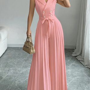 優雅的杏桃雙排扣褶皺連身裙 高腰、無袖、聚酯混合材質，適合春秋季節，成人尺寸，優雅的服裝|修身緊身裙|聚酯混合材質連身裙