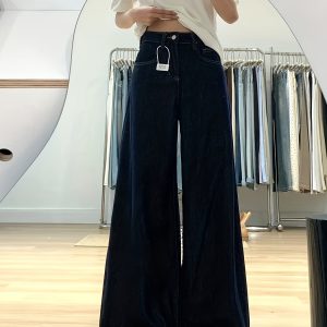 女士高腰闊腿牛仔褲 輕薄夏季適合梨形體型，深藍色休閒長款帶扣設計，可機洗