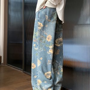 【休閒別緻】女士金色花卉印花闊腿牛仔褲，休閒中腰寬鬆牛仔褲，全季節紐扣長褲，水洗細節