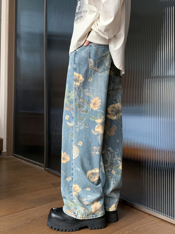 【休閒別緻】女士金色花卉印花闊腿牛仔褲，休閒中腰寬鬆牛仔褲，全季節紐扣長褲，水洗細節