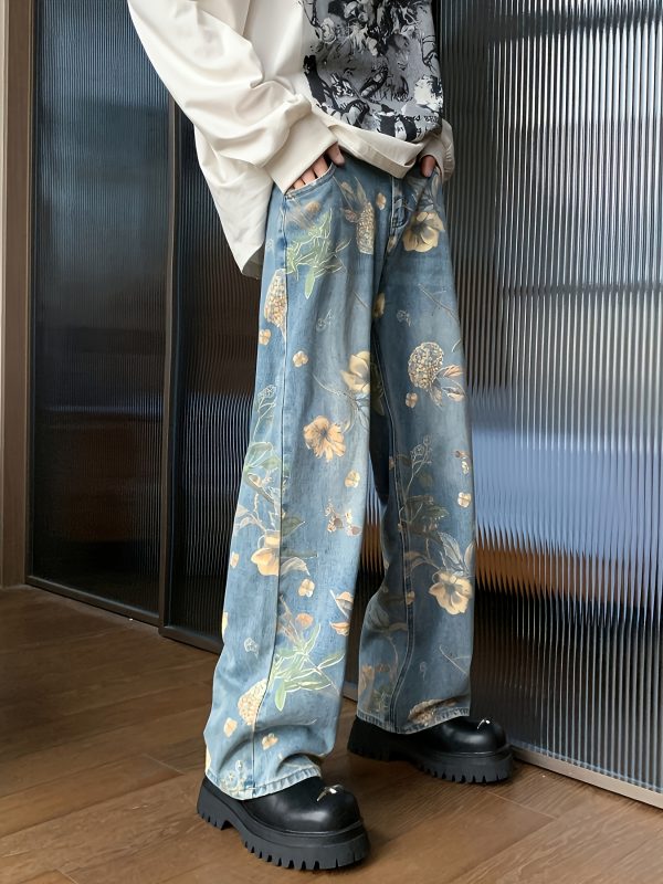 【休閒別緻】女士金色花卉印花闊腿牛仔褲，休閒中腰寬鬆牛仔褲，全季節紐扣長褲，水洗細節
