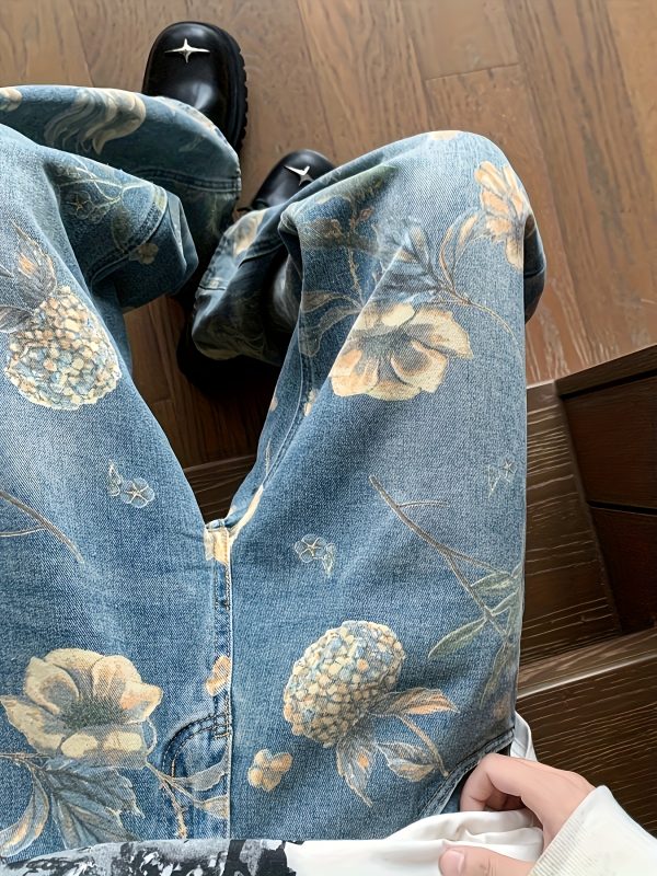 【休閒別緻】女士金色花卉印花闊腿牛仔褲，休閒中腰寬鬆牛仔褲，全季節紐扣長褲，水洗細節