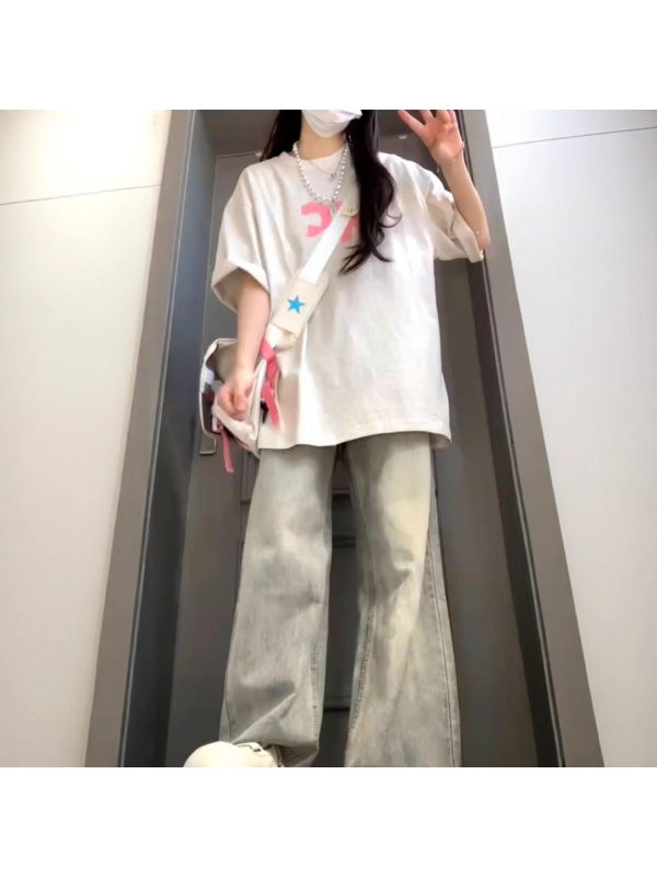 女士高腰直筒牛仔褲 轻盈夏季牛仔褲，寬鬆款式，仿真鈕扣細節，咖啡色，休閒街頭風格，女士牛仔褲